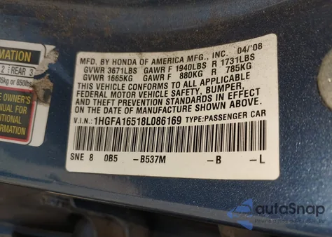 2008 Honda Civic Lx from USA, damaged, VIN 1HGFA16518L086169